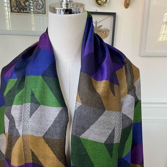 Girnar Shawl Scarf 100% New Wool Purple Green Grey Royal Blue Bronze 28” x 84” - Picture 8 of 9